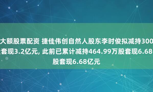 大额股票配资 捷佳伟创自然人股东李时俊拟减持300万股套现3.2亿元, 此前已累计减持464.99万股套现6.68亿元